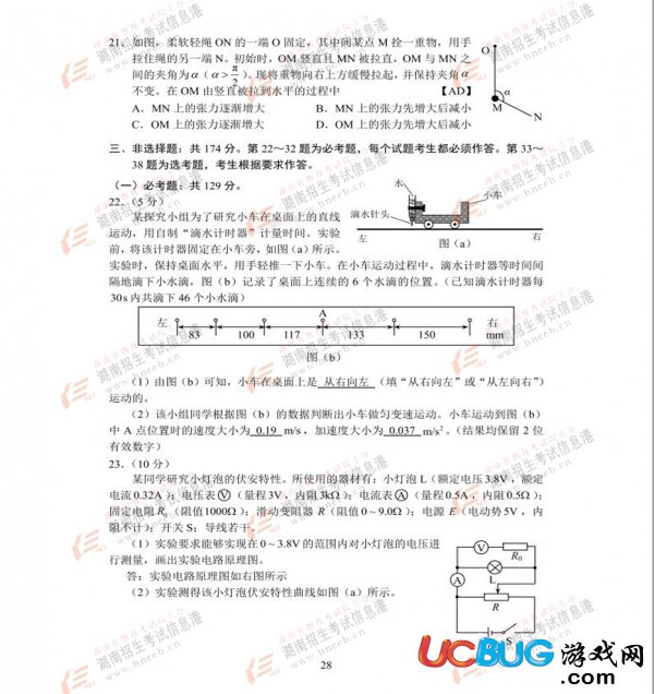 2017年湖南高考理科綜合試題參考答案大全