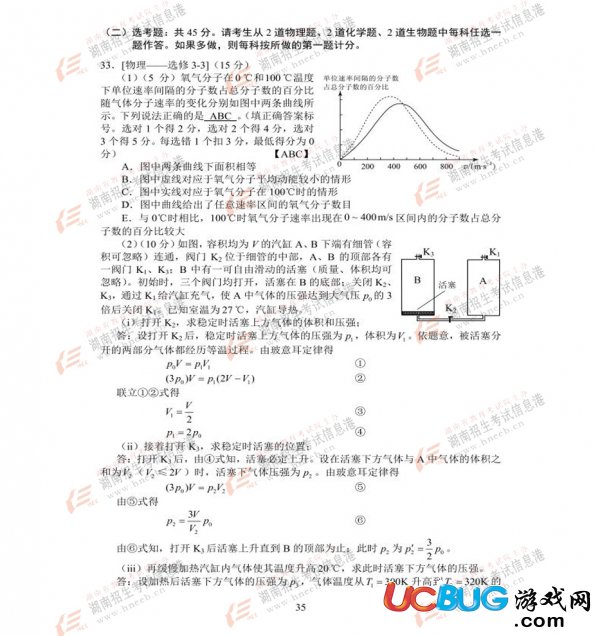 2017年湖南高考理科綜合試題參考答案大全